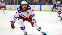 New York Rangers center Mika Zibanejad (93) chases the puck during the first period against the Anaheim Ducks at Honda Center.