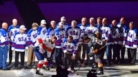 Feb 22, 2020; Las Vegas, Nevada, USA; Mike Eruzione participates in a ceremonial puck drop before the start of a game between the Vegas Golden Knights and the Florida Panthers at T-Mobile Arena in commemoration of the 40th anniversary of the \"Miracle on Ice.\" Mandatory Credit: Stephen R. Sylvanie-Imagn Images