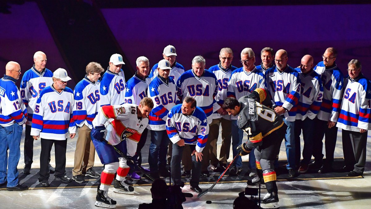 Feb 22, 2020; Las Vegas, Nevada, USA; Mike Eruzione participates in a ceremonial puck drop before the start of a game between the Vegas Golden Knights and the Florida Panthers at T-Mobile Arena in commemoration of the 40th anniversary of the \"Miracle on Ice.\" Mandatory Credit: Stephen R. Sylvanie-Imagn Images