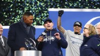 Seattle Seahawks head coach Mike MacDonald speaks on the podium after defeating the Los Angeles Rams in the 2026 NFC Championship Game at Lumen Field. Mandatory Credit: Kevin Ng-Imagn Images