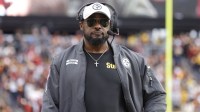 Pittsburgh Steelers head coach Mike Tomlin looks on from the sidelines against the Washington Commanders during the first half at Northwest Stadium.