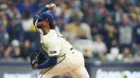 Milwaukee Brewers starting pitcher Freddy Peralta (51) pitches during the first inning of the National League Championship Series game against the Los Angeles Dodgers October 14, 2025 at American Family Field in Milwaukee, Wisconsin.