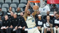 Milwaukee Bucks forward Giannis Antetokounmpo (34) dunks in the first half against the San Antonio Spurs at Frost Bank Center.