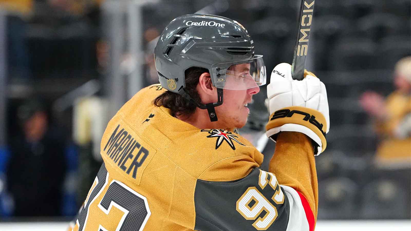 Vegas Golden Knights right wing Mitch Marner (93) warms up before a game against the Columbus Blue Jackets at T-Mobile Arena. 