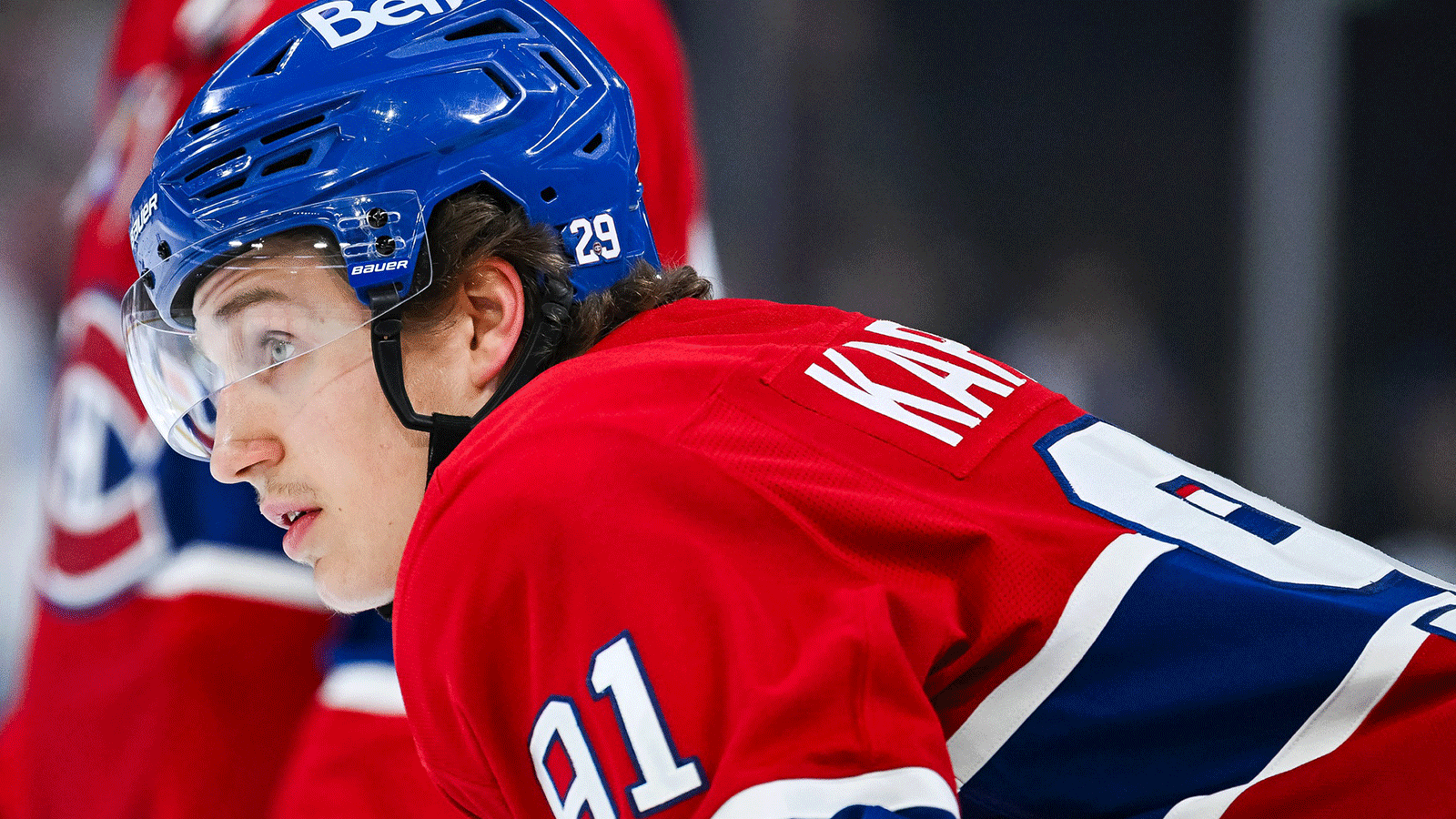 Montreal Canadiens center Oliver Kapanen (91) looks on during warm-up before the game against the Vancouver Canucks at Bell Centre.