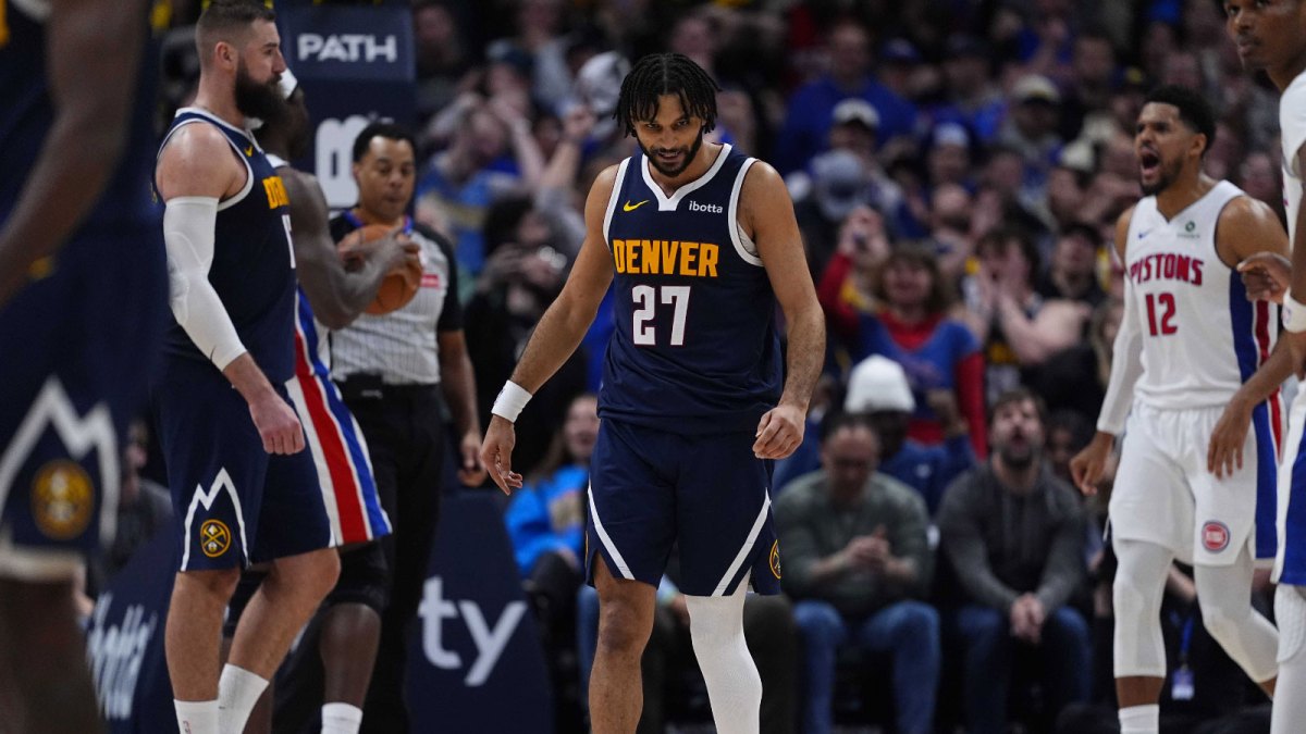 Denver Nuggets guard Jamal Murray (27) reacts after missing a free throw in the fourth quarter against the Detroit Pistons at Ball Arena.
