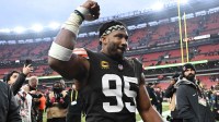 Cleveland Browns defensive end Myles Garrett (95) exits the field after the game against the Pittsburgh Steelers at Huntington Bank Field.