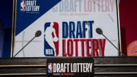 The podium with logos is seen prior to the 2018 NBA Draft Lottery at the Palmer House Hilton.