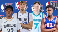 Cooper Flagg, Kon Knueppel, Derik Queen, and VJ Edgecombe with NBA Rising Stars logo
