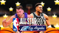 Luka Doncic and Giannis Antetokounmpo with 2026 NBA All-Star logo