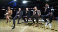 NBA on Amazon announcers (from left) Taylor Rooks, Dirk Nowitzki, Steve Nash, Blake Griffin and Udonis Haslem during the Emirates NBA Cup semifinals at T-Mobile Arena.