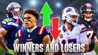 Green arrow pointing up on one side with Seahawks' Rashid Shaheed, Patriots' Christian Gonzalez from NFL playoffs. Red arrow pointing down on the other side with Bills' Josh Allen, Texans' CJ Stroud "Winners and Losers" at the bottom