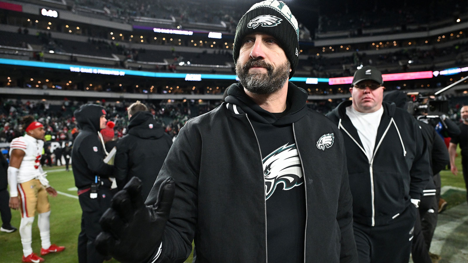 Philadelphia Eagles head coach Nick Sirianni looks on after an NFC Wild Card Round game against the San Francisco 49ers at Lincoln Financial Field.