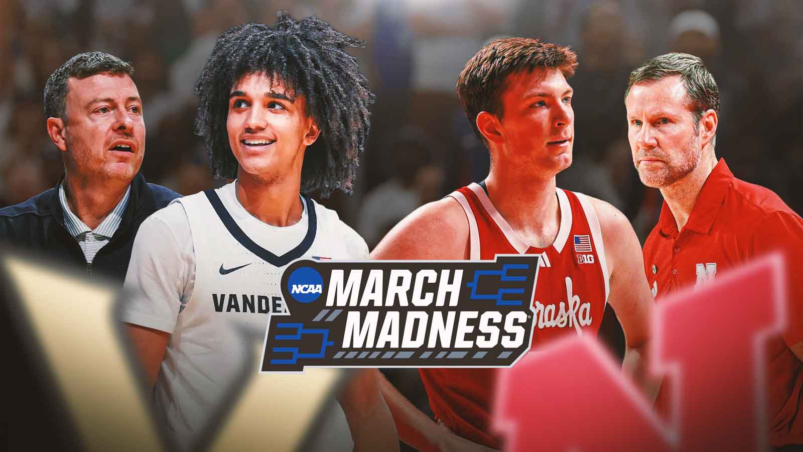 Vanderbilt's Tyler Tanner and Mark Byington on one side, Nebraska's Fred Hoiberg and Pryce Sandfort on the other March Madness Bracketology logo in front