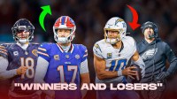 Green arrow pointing up on one side with Bills' Josh Allen, Bears' Caleb Williams. Red Arrow on the other side with Chargers' Justin Herbert, Eagles' Nick Sirianni "Winners and Losers" at the bottom