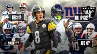 The ClutchPoints 2025 NFL Week 18 picks, predictions, and odds column, featuring - A collage of - - Steelers Aaron Rodgers and Ravens Lamar Jackson large and in the middle surrounded by... - Panthers Bryce Young and Buccaneers Baker Mayfield with "NFC South 🏆?" in front of them - Seahawks Sam Darnold and 49ers Brock Purdy and "NFC #1?" on them - Raiders logo and NY Giants logo with "No. 1 pick?" - Patriots Drale Maye and Broncos Bo Nix with "AFC #1?"