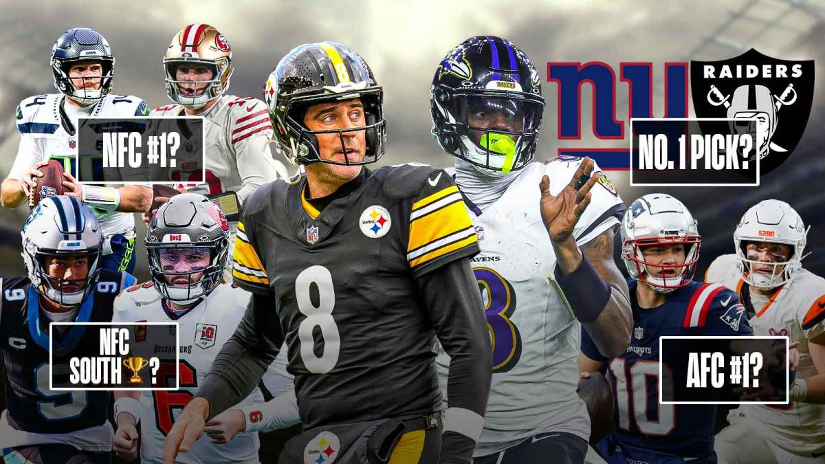 The ClutchPoints 2025 NFL Week 18 picks, predictions, and odds column, featuring - A collage of - - Steelers Aaron Rodgers and Ravens Lamar Jackson large and in the middle surrounded by... - Panthers Bryce Young and Buccaneers Baker Mayfield with "NFC South 🏆?" in front of them - Seahawks Sam Darnold and 49ers Brock Purdy and "NFC #1?" on them - Raiders logo and NY Giants logo with "No. 1 pick?" - Patriots Drale Maye and Broncos Bo Nix with "AFC #1?"