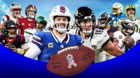 The ClutchPoints 2025 NFL Wild Card playoffs picks, predictions, and odds column featuring - Bills Josh Allen and Jaguars Trevor Lawrence large and in the middle surrounded by... - Texans CJ Stroud and Steelers Aaron Rodgers - 49ers Brock Purdy and Eagles Jalen Hurts - Bears Caleb Williams and Packers Jordan Love - Patriots Drale Maye and Chargers Justin Herbert