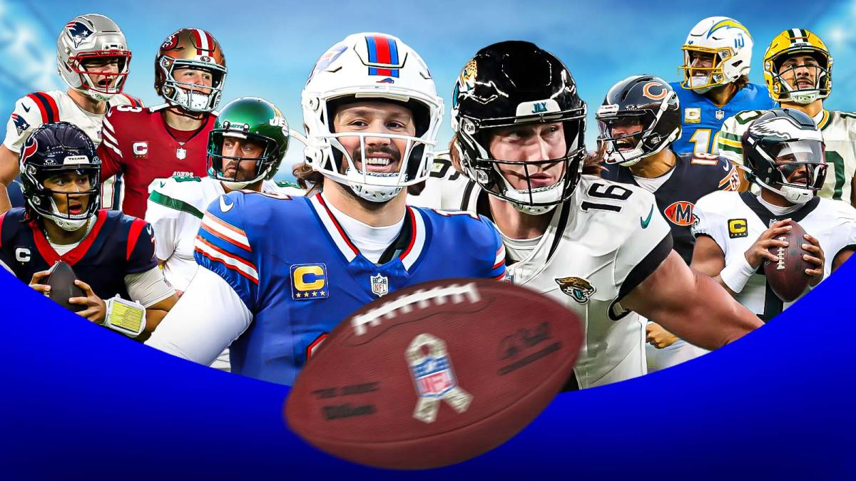 The ClutchPoints 2025 NFL Wild Card playoffs picks, predictions, and odds column featuring - Bills Josh Allen and Jaguars Trevor Lawrence large and in the middle surrounded by... - Texans CJ Stroud and Steelers Aaron Rodgers - 49ers Brock Purdy and Eagles Jalen Hurts - Bears Caleb Williams and Packers Jordan Love - Patriots Drale Maye and Chargers Justin Herbert