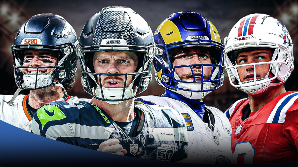 The ClutchPoints 2025 NFL Conference Championship Round picks, predictions, and odds column, featuring Jarrtt Stidham and Patriots Drake Maye on one side and Seahawks Sam Darnold and Rams Matthew Stafford on the other.
