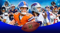 The ClutchPoints 2025 NFL Divisional Round predictions, picks, and odds column, featuring - A collage of - - Bills Josh Allen and Broncos Bo Nix large and in the middle surrounded by... - Texans CJ Stroud and Patriots Drake Maye - 49ers Brock Purdy and Seahawks Sam Darnold - Bears Caleb Williams and Rams Matthew Stafford.