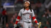 Washington Nationals designated hitter CJ Abrams (5) reacts after a strikeout against the Atlanta Braves in the fifth inning at Truist Park.