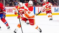Calgary Flames forward Nazem Kadri (91) takes a shot on net during the first period of the game against the Montreal Canadiens at the Bell Centre.