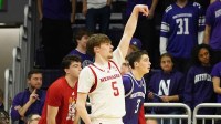 Nebraska Cornhuskers forward Braden Frager (5) gestures after making a three point basket during the second half at Welsh-Ryan Arena.