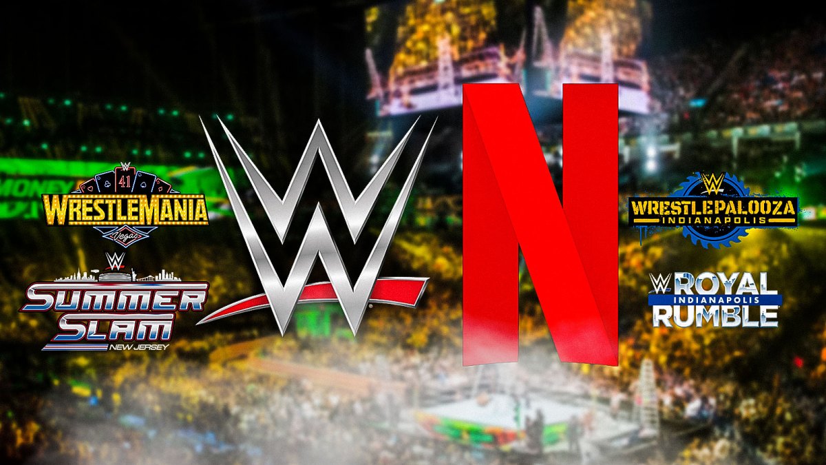 WWE and Netflix logos with logos of PLEs Wrestlepalooza, SummerSlam, WrestleMania 41, and Royal Rumble.