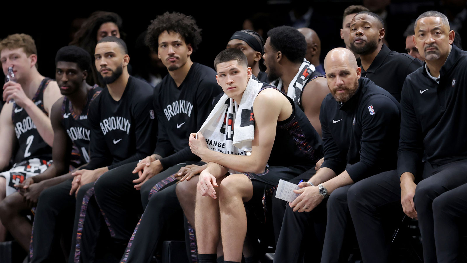 Brooklyn Nets guard Egor Demin (8) watches from the bench during double overtime against the Boston Celtics at Barclays Center.