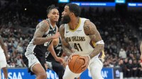 Jan 25, 2026; San Antonio, Texas, USA; New Orleans Pelicans guard Saddiq Bey (41) looks to shoot in front of San Antonio Spurs guard Devin Vassell (24) in the second half at Frost Bank Center. Mandatory Credit: Daniel Dunn-Imagn Images