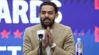 Newly acquired Washington Wizards guard Trae Young speaks at an introductory press conference prior to the Wizards' game against the New Orleans Pelicans at Capital One Arena.