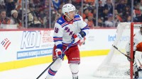 ; New York Rangers right wing Artemi Panarin (10) controls the puck against the Philadelphia Flyers in the first period at Xfinity Mobile Arena