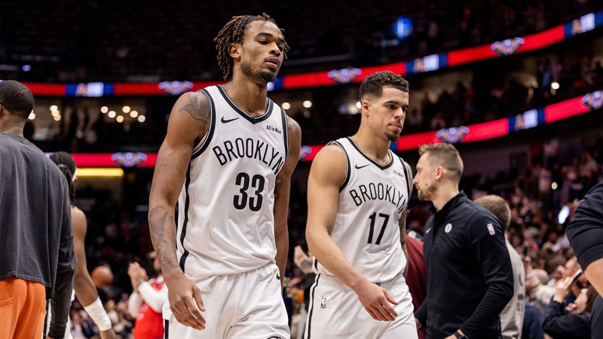 Jan 14, 2026; New Orleans, Louisiana, USA; Brooklyn Nets forward Michael Porter Jr. (17) and center Nic Claxton (33) head to the locker room after the game against the New Orleans Pelicans at Smoothie King Center. Mandatory Credit: Stephen Lew-Imagn Images