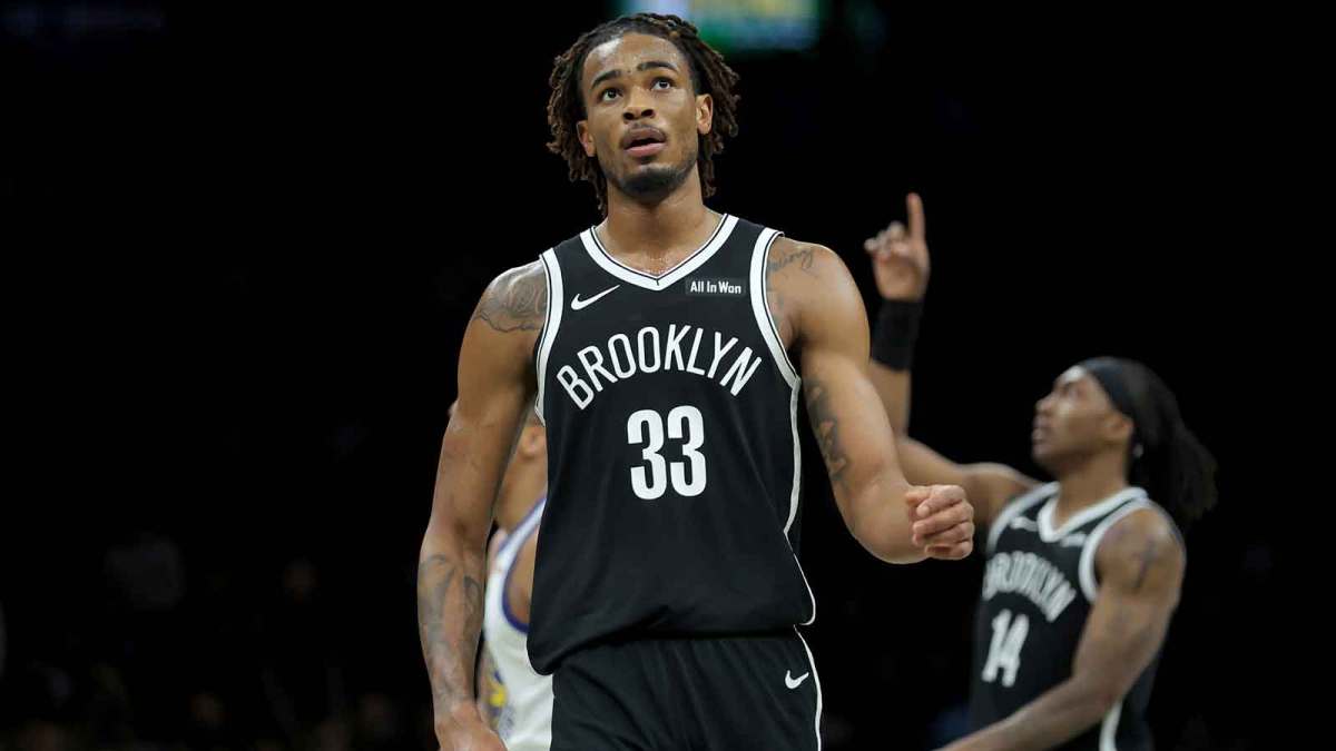 Dec 29, 2025; Brooklyn, New York, USA; Brooklyn Nets center Nic Claxton (33) reacts during the fourth quarter against the Golden State Warriors at Barclays Center. Mandatory Credit: Brad Penner-Imagn Images