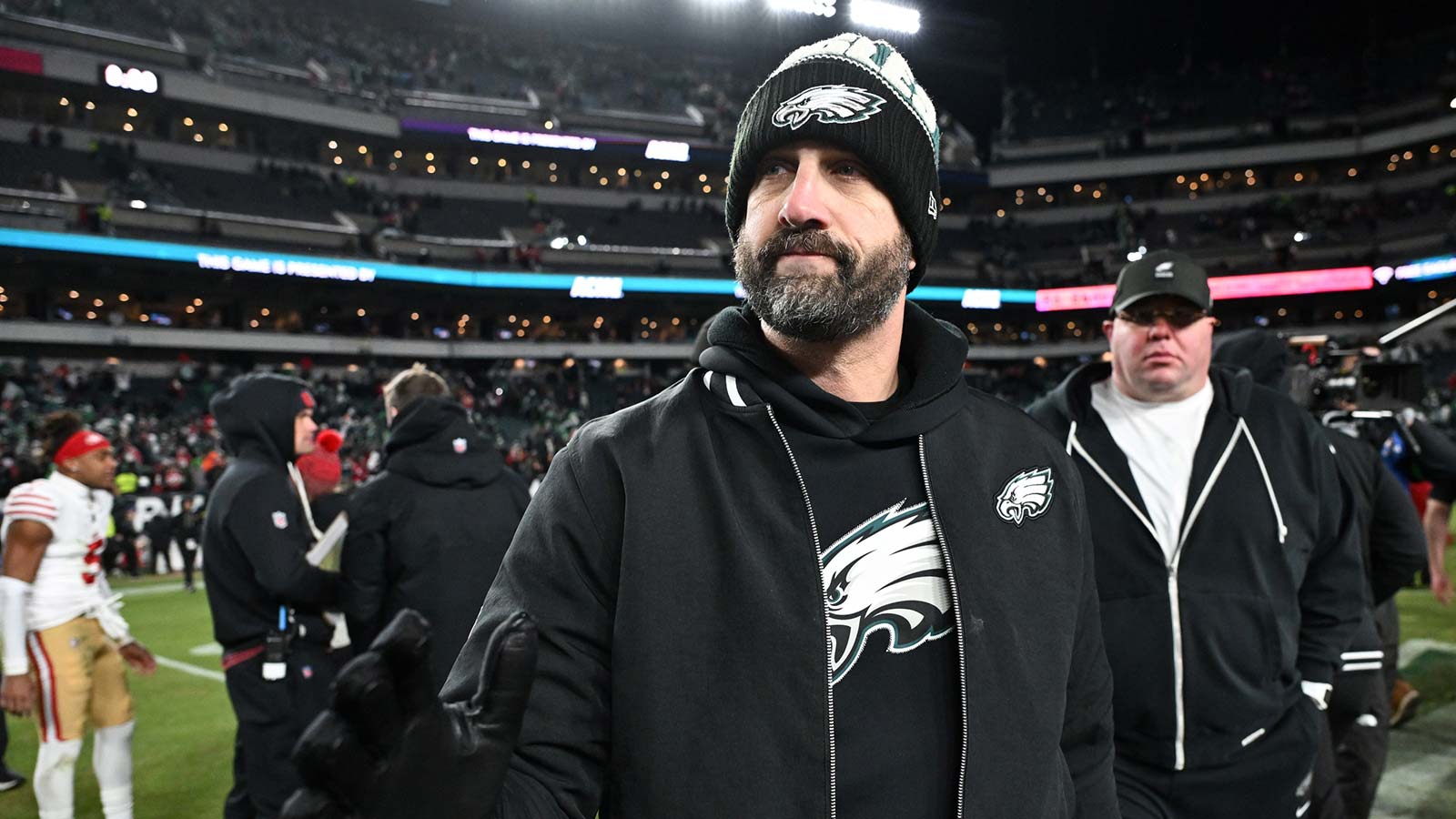 Philadelphia Eagles head coach Nick Sirianni looks on after an NFC Wild Card Round game against the San Francisco 49ers at Lincoln Financial Field