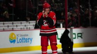 Carolina Hurricanes left wing Nikolaj Ehlers (27) celebrates their victory over the Florida Panthers at Lenovo Center.