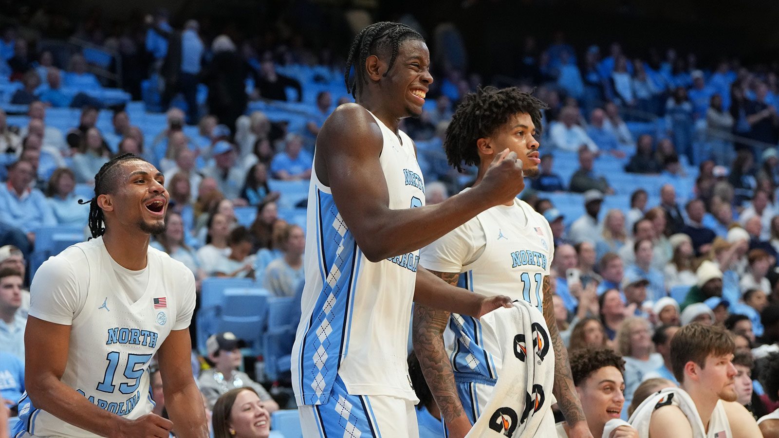 North Carolina Tar Heels forward Jarin Stevenson (15) and forward Caleb Wilson (8) and forward Jonathan Powell (11) react in the second half at Dean E. Smith Center.