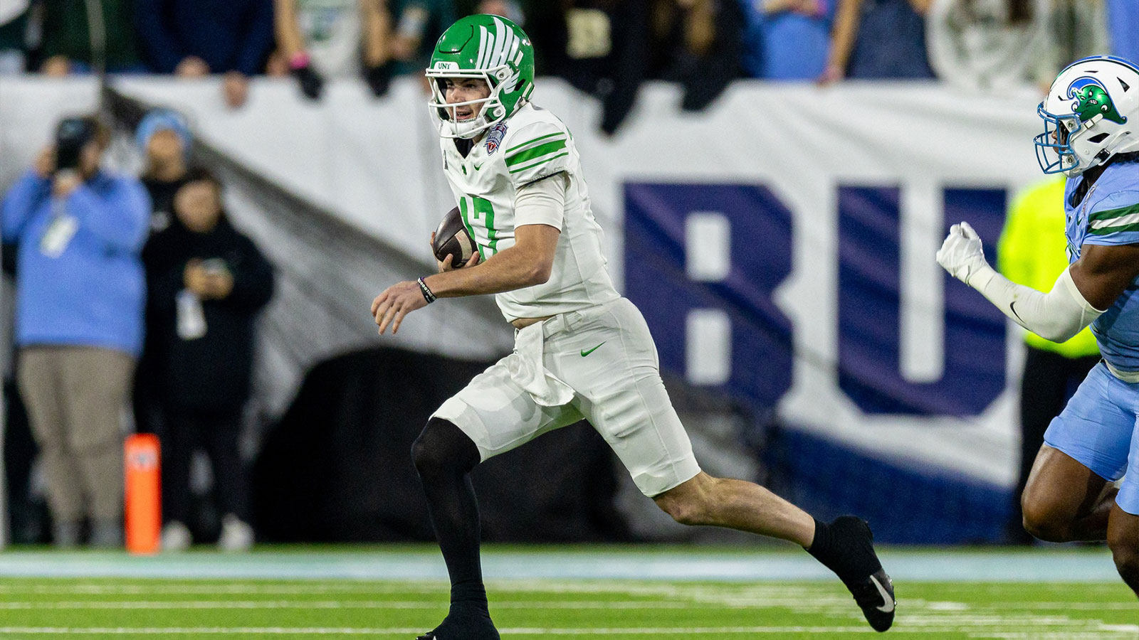 North Texas Mean Green quarterback Drew Mestemaker (17) scrambles out the pocket against the Tulane Green Wave during the first half in the 2025 American Championship at Yulman Stadium