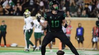North Texas Mean Green wide receiver Wyatt Young (10) reacts after scoring a touchdown against the South Florida Bulls during the first half of a game at DATCU Stadium.