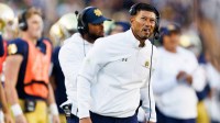 Notre Dame head coach Marcus Freeman looks on in the second half of a NCAA football game against NC State at Notre Dame Stadium on Saturday, Oct. 11, 2025, in South Bend.