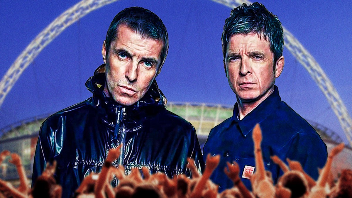 Oasis' Liam Gallagher and Noel Gallagher before their 2027 tour with Wembley Stadium background.