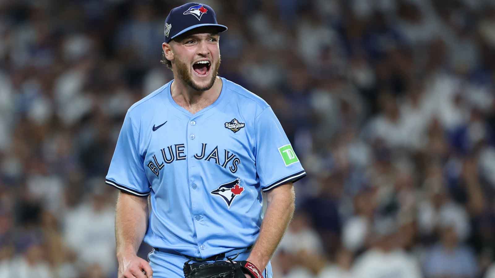 Toronto Blue Jays pitcher Trey Yesavage (39) celebrates after a double play during the seventh inning against the Los Angeles Dodgers during game five of the 2025 MLB World Series at Dodger Stadium. Mandatory Credit: Kiyoshi Mio-Imagn Images