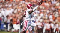 Oklahoma Sooners defensive back Gentry Williams (9) celebrates after recovering a fumble bu Texas Longhorns quarterback Quinn Ewers (not pictured) in the third quarter at the Cotton Bowl. This game makes up the 119th rivalry match up.