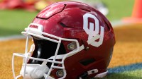 An Oklahoma Sooners helmet is shown before the game against the Auburn Tigers at Jordan-Hare Stadium.