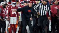 Oklahoma coach Brent Venables shouts at an official during a first-round College Football Playoff game between the University of Oklahoma Sooners (OU) and the Alabama Crimson Tide at Gaylord Family - Oklahoma Memorial Stadium in Norman, Okla., Friday, Dec. 19, 2025. Alabama won 34-2