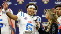 Ole Miss Rebels quarterback Trinidad Chambliss (6) is interviewed after the 2026 Sugar Bowl and quarterfinal game of the College Football Playoff against the Georgia Bulldogs at Caesars Superdome.