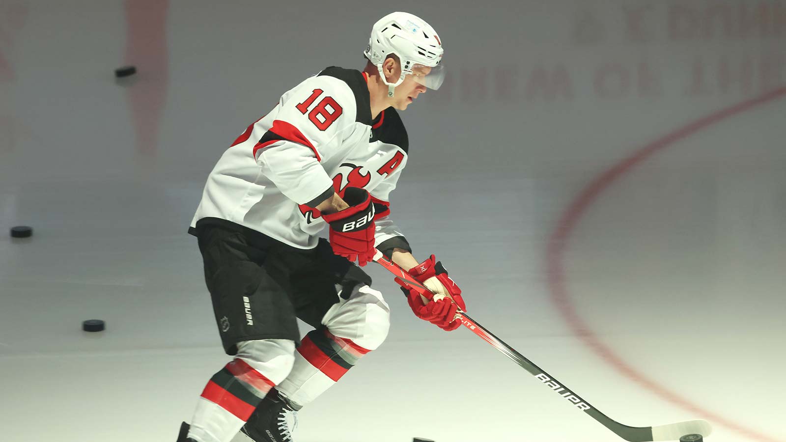 New Jersey Devils left wing Ondrej Palat (18) takes the ice to warm up against the Pittsburgh Penguins at PPG Paints Arena.