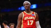Atlanta Hawks forward Onyeka Okongwu (17) reacts after a foul against the New York Knicks in the first quarter at State Farm Arena.