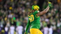 Oregon Ducks defensive lineman Tionne Gray (50) celebrates a blocked field goal during the second quarter against the James Madison Dukes at Autzen Stadium.